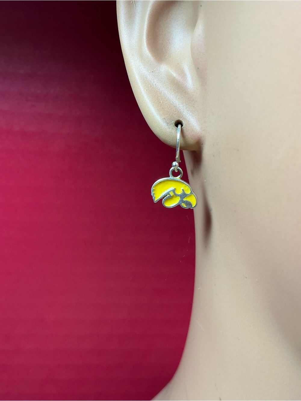 Sterling Silver/Yellow Enamel Iowa Hawkeyes Dangle Earrings. 3/4”
